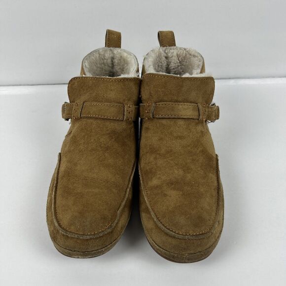 OluKai Womens Sz 7 Ola Hou Shearling Tan Suede Ankle Boot Slipper Slip On Warm - Picture 2 of 14